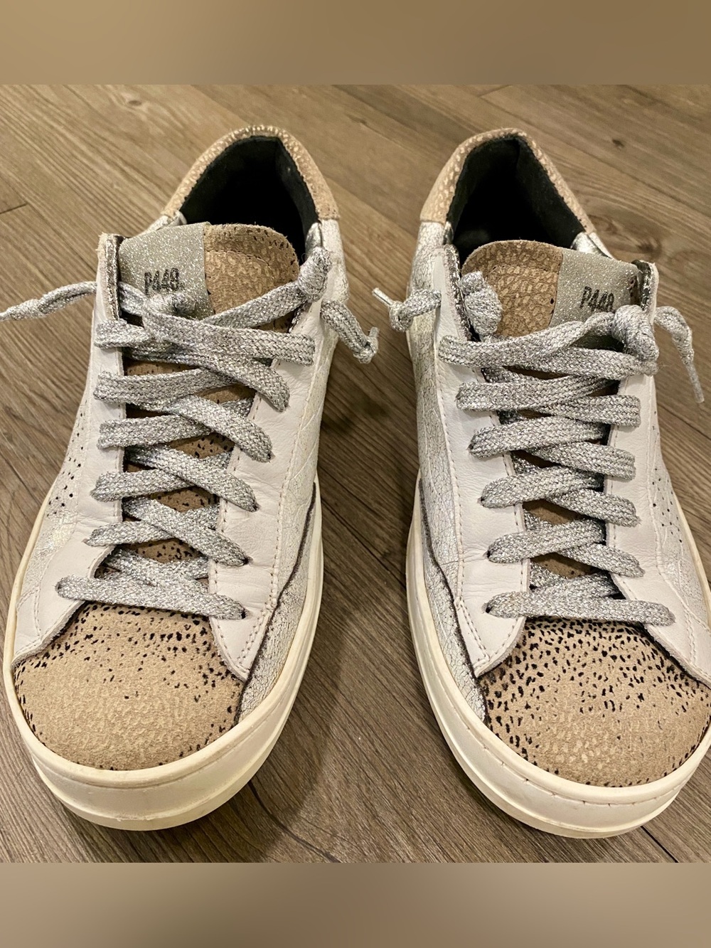 P448 John Sneakers White Leather Sneakers with silver glitter laces